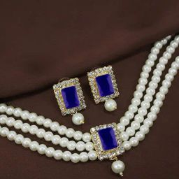 Peora Gold-Plated Blue Crystal Beads Studded Choker Necklace & Earrings Jewellery Set-image-90