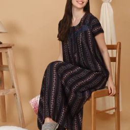 Sweet Dreams Navy Cotton Regular Fit Geometric Print Night Dress-picture-27
