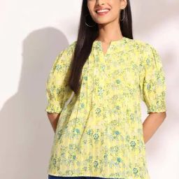 Fabindia Yellow Cotton Printed Top-image-45