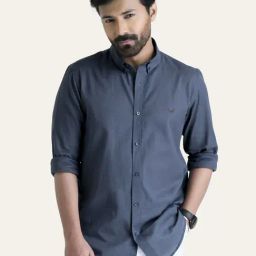Perch Dark Grey Cotton Linen Slim Fit Shirt-image-32