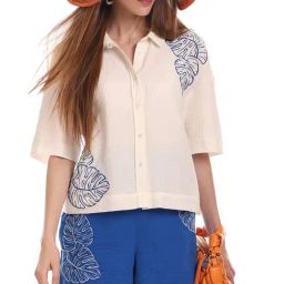 Vero Moda White & Blue Cotton Embroidered Shirt-image-76
