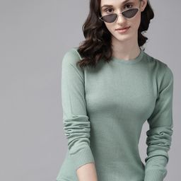 The Roadster Lifestyle Co. Women Mint Green Solid Acrylic Round Neck Pullover-image-50
