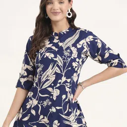 Chandbaali Floral Print Mandarin Collar Roll-Up Sleeves Ethnic Shirt Style Top-image-55