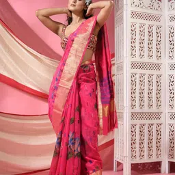TANTLOOM Floral Printed Zari Handloom Saree With Blouse Piece-image-79