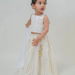 Tiber Taber Sleeveless All Over Heart Foil Printed Choli With Lurex Striped Lehenga & Lace Embellished Dupatta - White-image-5