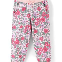 Babyhug Cotton Looper Full Length Lounge Pants Floral Print - Pink & Grey-image-74