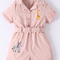 Kookie Kids Half Sleeves Jumpsuit with Giraffe & Zebra Print - Pink-image-49