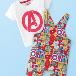 Babyhug Marvel Single Jersey Knit Dungaree with Half Sleeves T-Shirt Avenger Theme Print - Red-image-88