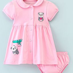 Doreme Single Jersey Knit Half Sleeves Frock With Bloomer Panda Print - Pink-image-30