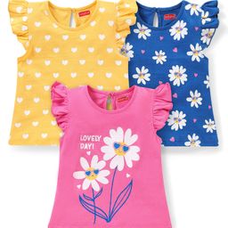 Babyhug Cotton Frill Sleeves Tops With Hearts Graphics Pack of 3 - Multicolor-image-45