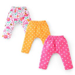 Babyhug Interlock Knit Full Length Diaper Leggings with Floral & Polka Dots Print Pack of 3 - Yellow Pink & White-image-79