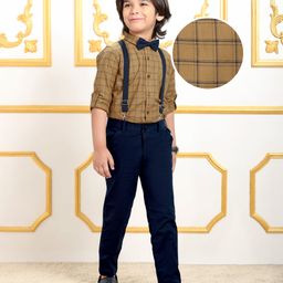 Mark & Mia Full Sleeves Checkered Party Shirt & Trouser with Bow & Suspender - Beige-image-9