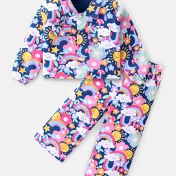 Babyhug Cotton Knit Full Sleeves Floral Printed Shirt Style Top & Lounge Pants Co-Ord Set - Multicolor-25