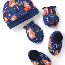 Babyhug Interlock Knit Cap Mittens & Booties With Bear Print - Navy Blue-image-12