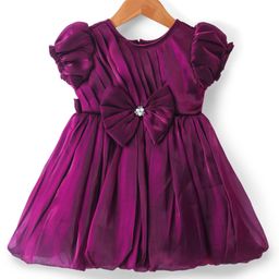 Babyhug Woven Half Puffed Sleeves Fit & Flared Party Frock with Bow Applique - Purple-picture-32