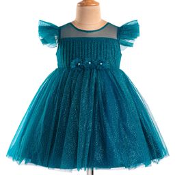 Babyhug Woven HalfRuffle Sleeves Glitter Printed Solid Color Party Frock with Floral Applique - Teal Blue-image-96