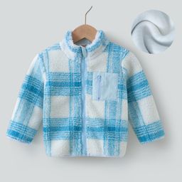 Kookie Kids Full Sleeves High Neck Collar Checkered Winter Jacket - Light Blue-image-69