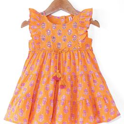 Babyhug Cotton Woven Cambric Frill Sleeves Floral Printed Ethnic Dress with Tassles & Mirror Work - Orange-image-21