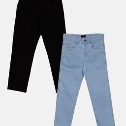 Kiddopanti Pack Of 2 Full Length Solid Stretchable Denim Jeans - Black & Light Blue-image-14