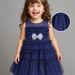 Babyhug Woven Sleeveless Fit & Flared Party Frock with Sequin Bow Applique & Frill Detailing - Navy Blue-picture-14