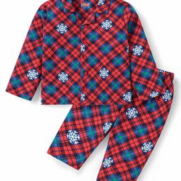 Babyhug Cotton Knit Full Sleeves Checkered Snowflake Printed Night Suit - Red-image-85