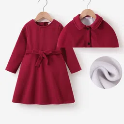 Kookie Kids Full Sleeves Solid Colour Party Dress with CollaredPoncho - Maroon-picture-43