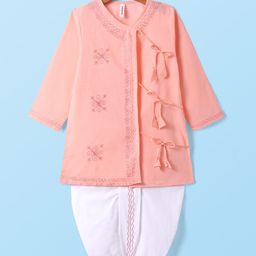 Babyhug Cotton Full Sleeves Embroidered Angarakha Kurta Dhoti Set - Coral-image-96