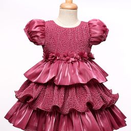 Bluebell Satin Woven Half Sleeves Solid Party Dress With Floral Applique - Wine-image-69