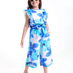 OLLINGTON ST. Woven Printed Co-Ord Set Of Flutter Sleeves Top & Culottes With Self Fabric Belt - Blue-image-83