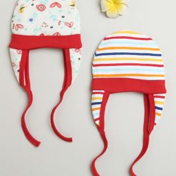 BUMZEE Cotton Pack Of 2 Striped & Floral Printed Tying Caps With Ear Flaps - Red & Multi Colour-image-9