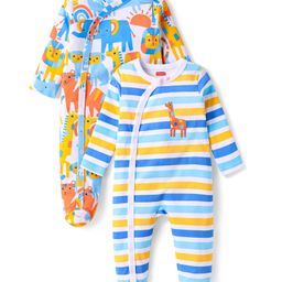 Babyhug Cotton Knit Full Sleeve Footed Sleepsuits With Stripes & Animal Pack Of 2 - Light Blue & White-image-58