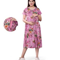 Mamma's Maternity Rayon Short Sleeves Floral Printed Maternity Dress With Nursing Access - Pink-picture-22