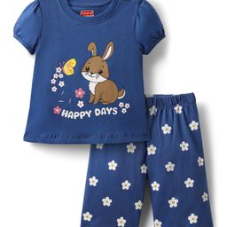 Babyhug Cotton Knit Half Sleeves Capri Night Suit With Bunny & Floral Print - Blue-image-20
