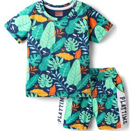Babyhug Single Jersey Knit Half Sleeves T-Shirt & Shorts Co-Ord Set With Leaf Print - Navy Blue-image-91