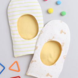 BUMZEE Interlock Knit Monkey Caps With Striped & Giraffe Print Pack Of 2 Yellow & White - Diameter 11 cm-image-74