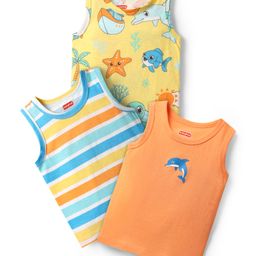 Babyhug Single Jersey Knit Sleeveless Sandos With Stripes & Fish Print Pack Of 3 - Yellow Orange & Light Blue-image-2