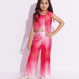 Taffykids Satin Sleeveless Ombre Crop Top & Coordinating Pant With Jacket Set - Pink & Multi Colour-image-49