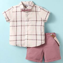 ToffyHouse Poplin Woven Half Sleeves Shirt & Shorts With Bow & Suspender & Checks - Plum & Cream-picture-12
