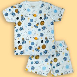 Lil' Roos Cotton Knit Half Sleeves Space Theme Printed Coordinating Tee & Shorts Set - White-image-47