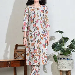 MEESAN Floral Printed Round Neck Pure Cotton Straight Kurta with Trousers-picture-37