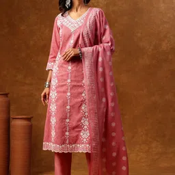 Anouk Women Floral Embroidered Regular Pure Cotton Kurta Trousers With Dupatta-42
