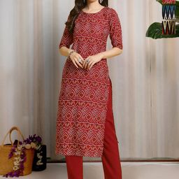 HERE&NOW Selection Of 3 Bandhani Printed Round Neck Straight Kurtas-image-17
