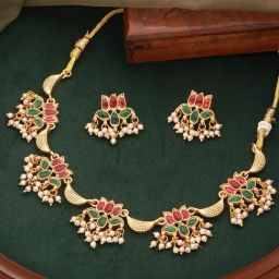 Saraf RS Jewellery Red & Green Classic Stone Studded Lotus Necklace & Earring Set-26