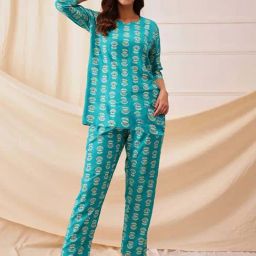 Clovia Turquoise Floral Printed Top and Pyjamas Set-image-57