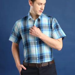 Hancock Blue & White Cotton Slim Fit Checks Shirt-picture-24