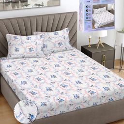 FABINALIV Pink & Blue Floral 300 TC King Bedsheet with 2 Pillow Covers-image-74