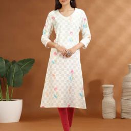 Cotton Culture Off White Cotton Floral Three-Quarter Sleeves Kurta-image-31