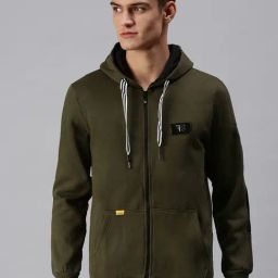 SHOWOFF Olive Cotton Slim Fit Printed Hooded SweatShirt-16