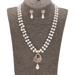 Sri Jagdamba Pearls Soul's Delight Blue & Pearl White Necklace and Earring Set-40