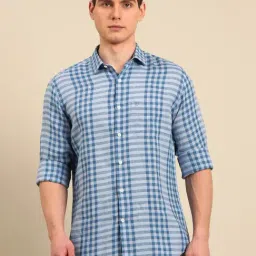Linen Club Blue Linen Slim Fit Checks Shirt-picture-22